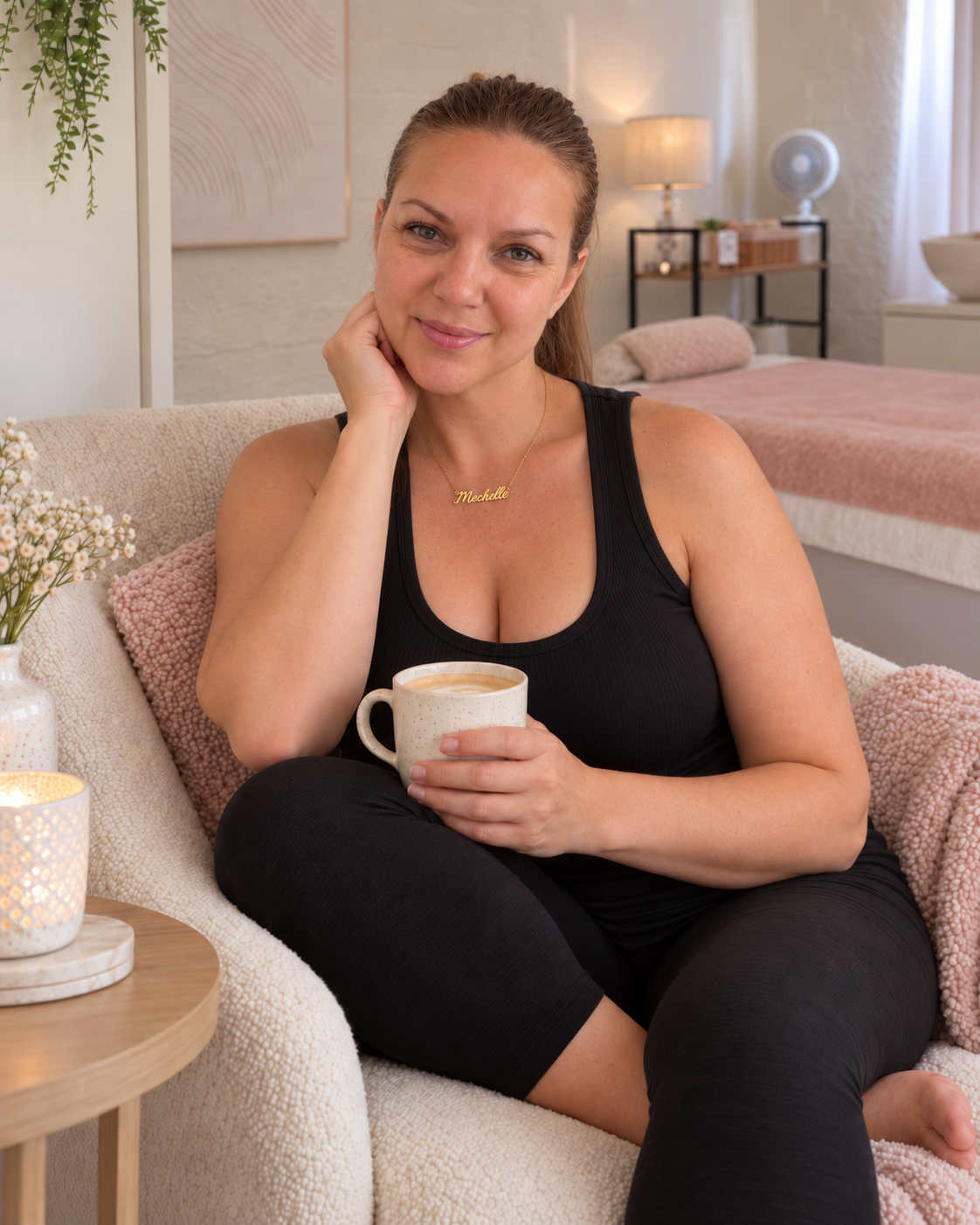 Mechelle seated with a cup of coffee in her Table View treatment room