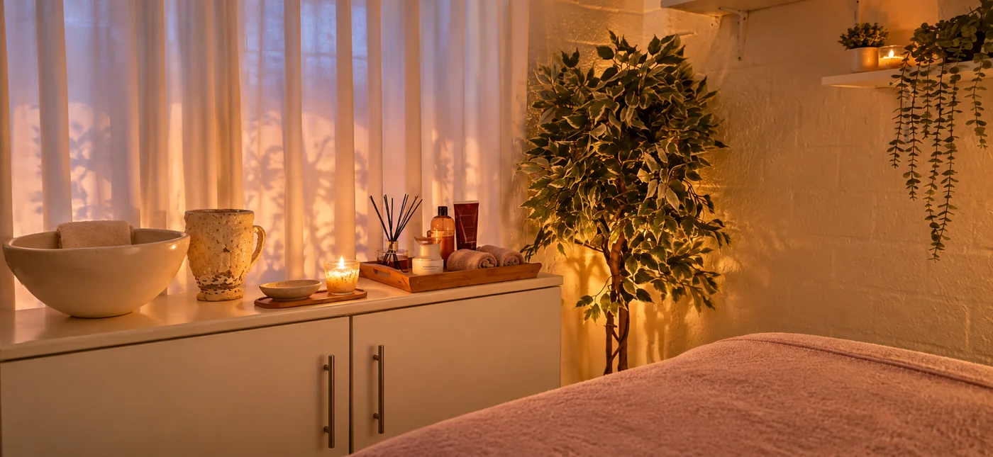 Warm candlelight and natural greenery in Mechelle’s private treatment room