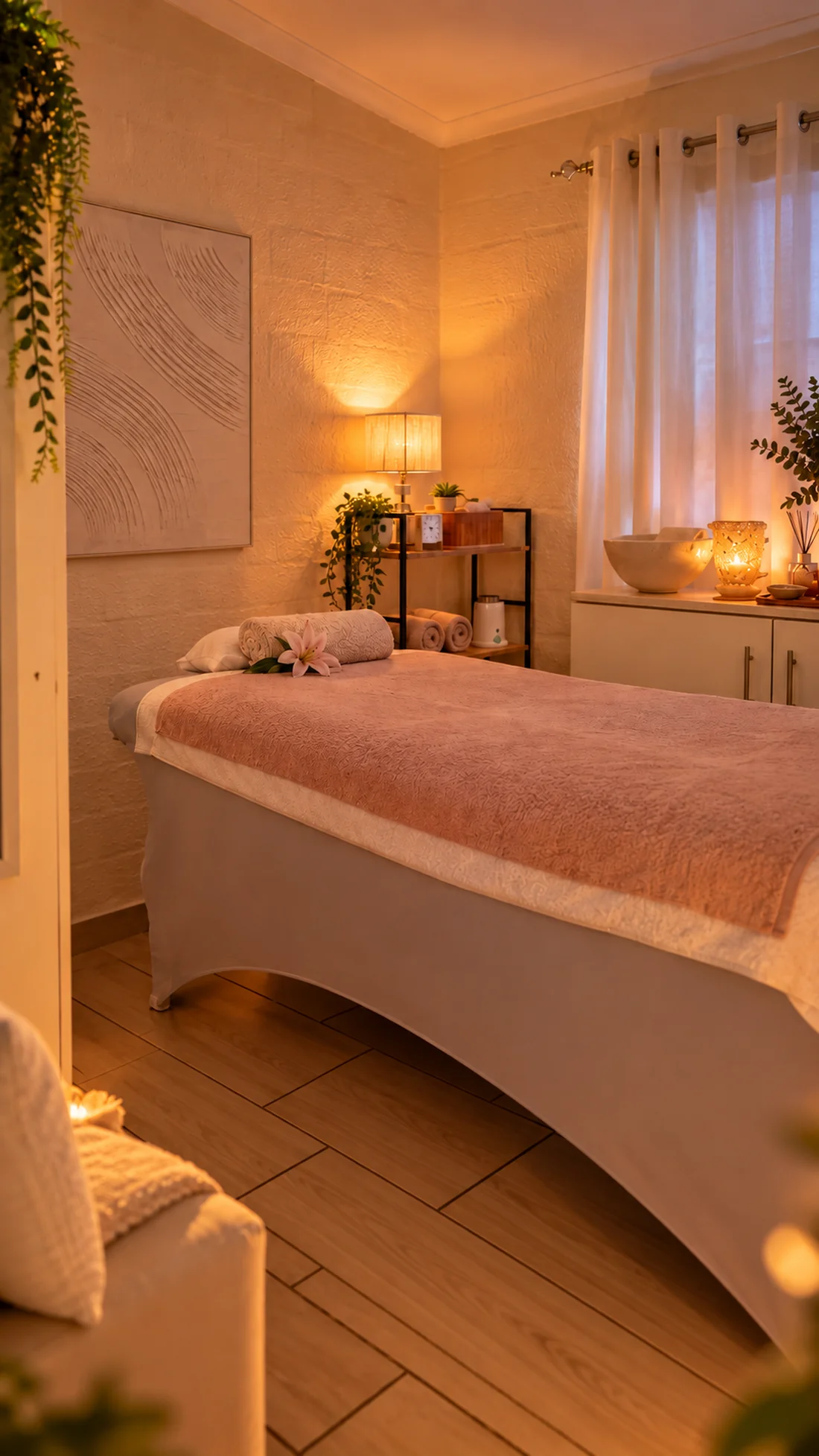 Mechelle’s actual treatment room, with warm amber lighting and soft blush linens